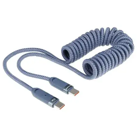 Prix Cassé Câble de charge et de synchronisation, tressé en microfibre, spiralé, 50 - 180 cm, USB-C vers USB-C, max 100W, bleu WAYME