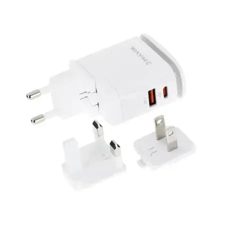 Chargeur secteur 25W USB-C PD + QC3.0 avec lampe LED tactile + adaptateurs - fiches pour prises UE, UK et US WAYME Vente Directe