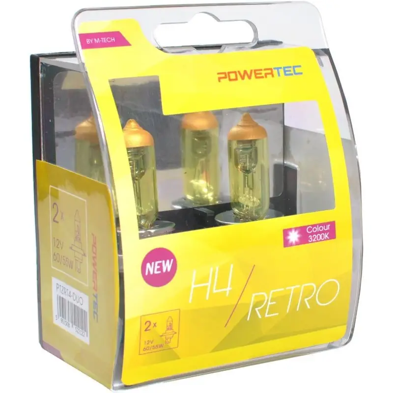Offre Exclusive SET DE 2 AMPOULES HALOGENES POWERTEC EFFET RETRO JAUNE H4 12V DUO