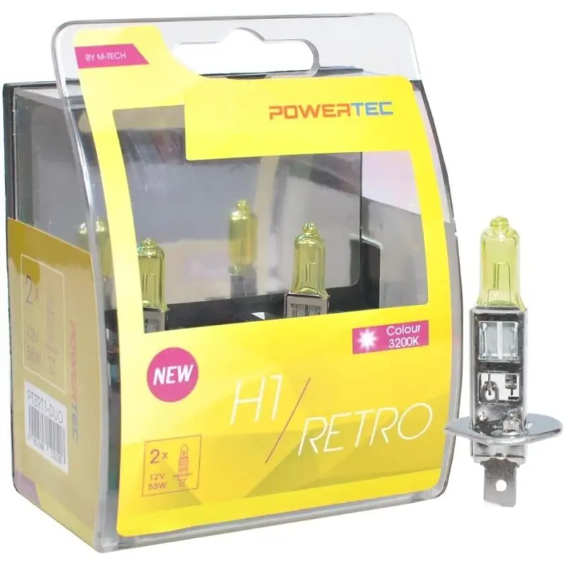 SET DE 2 AMPOULES HALOGENES POWERTEC EFFET RETRO JAUNE H1 12V DUO Vente Flash
