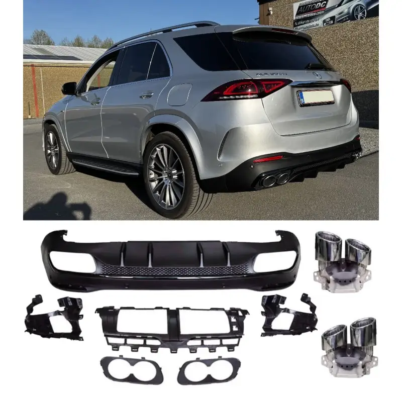 Achat Immédiat DIFFUSEUR COMPLET NOIR LOOK GLE 53 AMG AVEC EMBOUTS D'ECHAPPEMENT ROND CHROME POUR MERCEDES GLE SUV W167 (20-25) PACK AMG