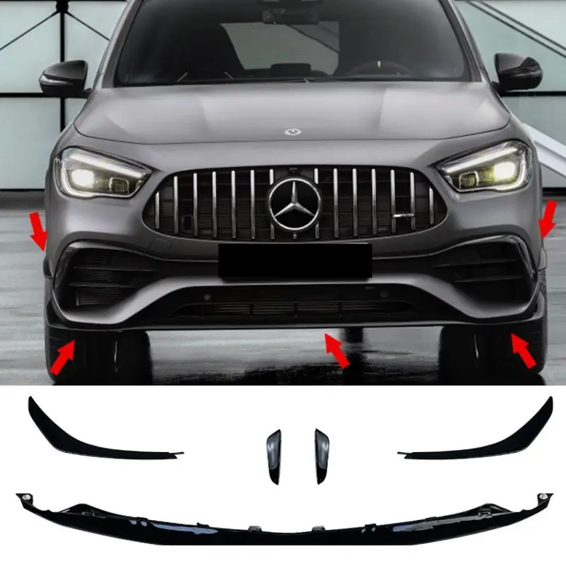 SET D' AILETTES ECOPES + LAME AVANT LOOK AERO DE PARE-CHOCS NOIR BRILLANT POUR MERCEDES CLASSE GLA H247 (19-22) AVEC PACK AMG Vente Directe