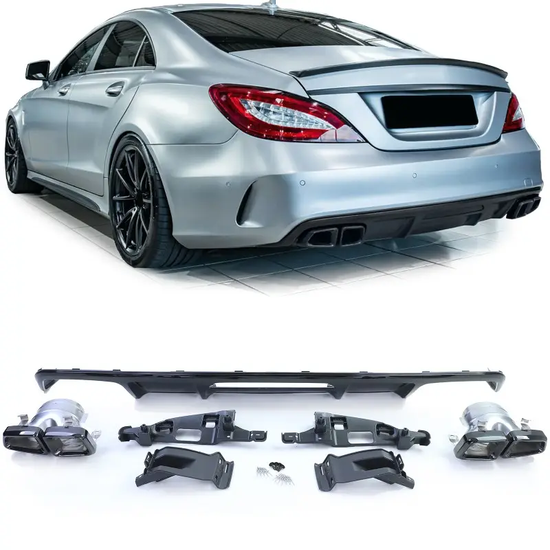 Nouveauté DIFFUSEUR COMPLET LOOK CLS 63 AMG FULL BLACK POUR MERCEDES CLS C218 (14-18) PACK AMG - EMBOUTS D'ECHAPPEMENT CARRE NOIR