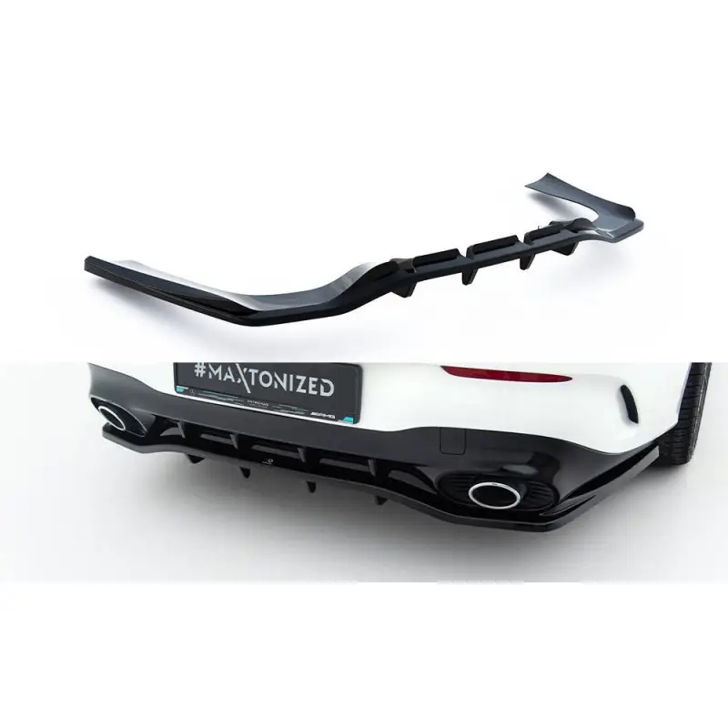ARRIERE SPLITTER (AVEC UNE BARRE VERTICALE) MERCEDES-AMG CLA 35/ 45COUPE / SHOOTING BRAKE C118 FACELIFT / X118 FACELIFT - MAXTONDESIGN - FINITION NOIR BRILLANT Dernier Modèle