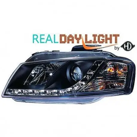 Commande En Gros SET DE DEUX PHARES AVANT DESIGN AUDI A3 (03-08) - MOD 2 - R87 - NOIR - LED - AVEC REGLAGE HAUTEUR - H7&H7