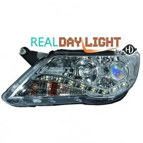 Paiement Sécurisé SET DE DEUX PHARES AVANT DESIGN À LED FOND CHROME VW TIGUAN (07-11) SANS XÉNON D'ORIGINE - H1/H1 - MOD 2 - FEUX DE JOUR R87