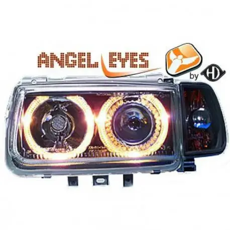 Livraison Gratuite SET DE DEUX PHARES AVANT DESIGN ANGEL EYES À FOND NOIR POUR TOUTES VW POLO 6N (94-99) AVEC CLIGNOTANT - H7/H7