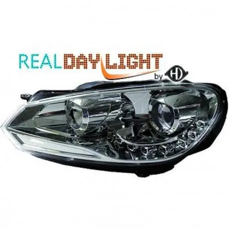 SET DE DEUX PHARES AVANT LOOK XENON AVEC LED FEUX DE JOUR - H7 - CHROME - VW GOLF 6 (08-12) + VARIANT (09-12) + CABRIO (11-15) Prix Bas