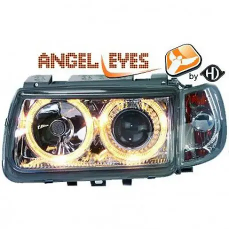 SET DE DEUX PHARES AVANT DESIGN ANGEL EYES À FOND CHROME POUR TOUTES VW POLO 6N (94-99) AVEC CLIGNOTANT - H7/H7 Acheter En Ligne