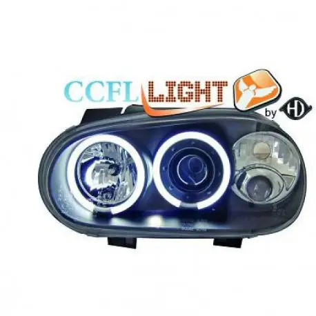 SET DE DEUX PHARES AVANT ANGEL EYES BLANC AU CCFL - NOIR VW GOLF 4 - IV (97-03) - MOD 1 Populaire