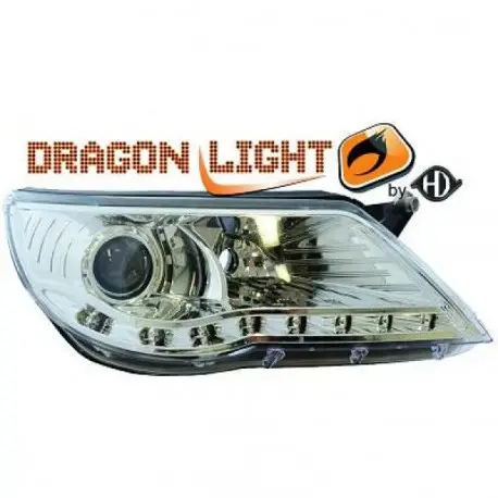 SET DE DEUX PHARES AVANT DESIGN À LED FOND CHROME VW TIGUAN (07-11) SANS XÉNON D'ORIGINE - H7/H7 - MOD 1 Meilleur Prix