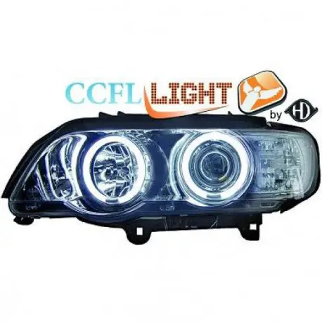 SET DE DEUX PHARES AVANT FOND CHROME AVEC ANGEL EYES AU CCFL BMW X5 E53 PHASE 1 (99-03) - PAS POUR XÉNON - H1/H1 Commander Vite