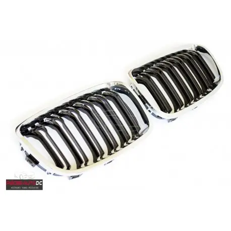 SET DE CALANDRE LOOK M DOUBLES LIGNES NOIR BRILLANT- CONTOUR CHROME - POUR BMW SERIE 1 F20 F21 LCI (15-19) Commander Vite