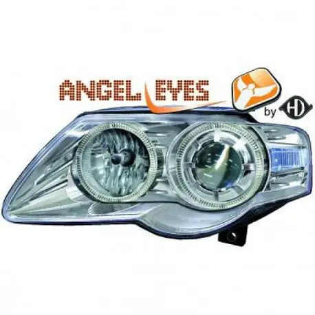 SET DE DEUX PHARES AVANT ANGEL EYES À FOND CHROME POUR TOUTES VW PASSAT 3C B6 (05-10) SANS XENON D'ORIGINE Offre Du Jour