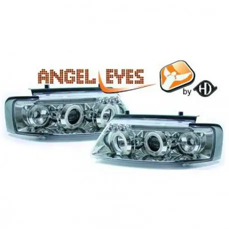 SET DE DEUX PHARES AVANT ANGEL EYES & LED À FOND CHROME POUR TOUTES VW PASSAT 3B (96-00) & CLIGNOTANT Dernier Modèle
