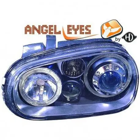 SET DE DEUX PHARES AVANT À LENTILLE LOOK R32 AVEC ANGEL EYES - NOIR VW GOLF 4 - IV (97-03) H7/H7/H3 Offre Du Jour