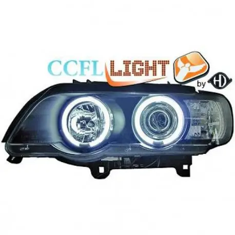 Marque SET DE DEUX PHARES AVANT FOND NOIR AVEC ANGEL EYES AU CCFL BMW X5 E53 PHASE 1 (99-03) - PAS POUR XÉNON - H1/H1