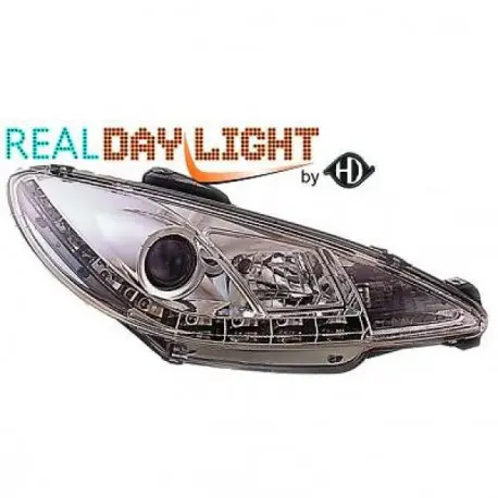 SET DE DEUX PHARES AVANT DESIGN A LED PEUGEOT 206 (98-08) - MOD 3 - CHROME - R87 Authentique