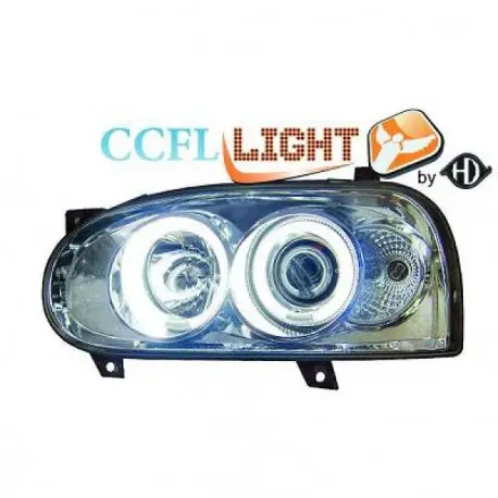 SET DE DEUX PHARES AVANT ANGEL EYES BLANC AU CCFL FOND CHROME VW GOLF 3 - III (91-97) H1/H1 Quantité Limitée