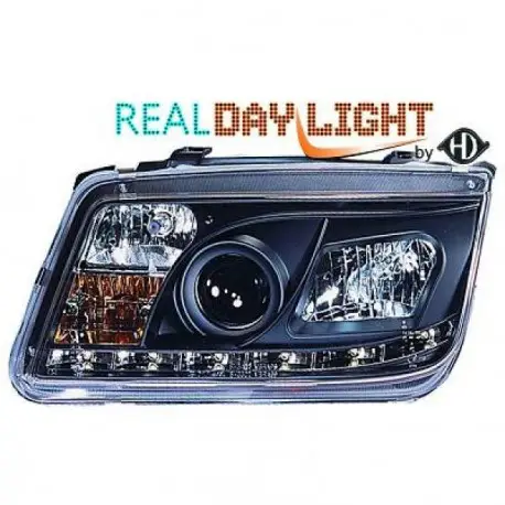 Achat Immédiat SET DE DEUX PHARES FOND NOIR À LED POUR VW BORA BERLINE ET BREAK (98-05) - PAS POUR XENON - H1/H1/H3