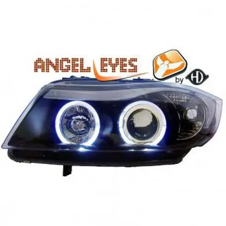 SET DE DEUX PHARES ANGEL EYES BLANC - FOND NOIR BMW SÉRIE 3 (05-08) E90 - E91 (BERLINE - TOURING) - H7/H1 Vente Flash
