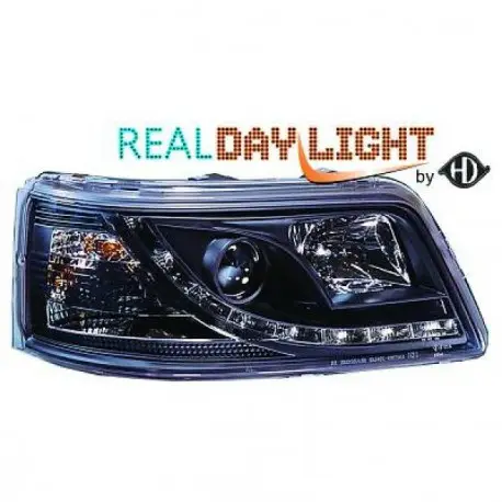 SET DE DEUX PHARES AVANT DESIGN À LED FOND NOIR VW T5 - TRANSPORTER - CARAVELLE - MULTIVAN (03-09) SANS XÉNON D'ORIGINE - H1/H1 Offre Spéciale