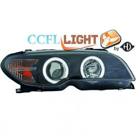 SET DE DEUX PHARES AVANT ANGEL EYES CCFL - FOND NOIR BMW E46 COUPÉ - CABRIO (03-07) - PHASE 2 - H7/H1 Certifié