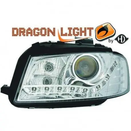 SET DE DEUX PHARES AVANT DESIGN AUDI A3 (03-08) - MOD 1 - CHROME - LED - AVEC REGLAGE HAUTEUR - H7&H7 Petit Prix