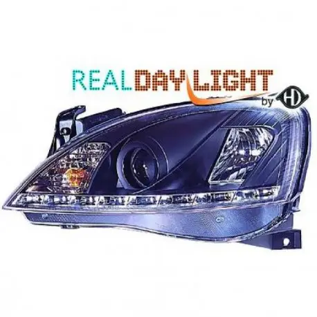 Acheter En Ligne SET DE DEUX PHARES AVANT DESIGN A LED OPEL CORSA C (00-06) - H1/H1 - AVEC CLIGNOTANT - FOND NOIR - CABLAGE FEUX DE JOUR R87