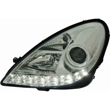 Livraison Gratuite SET DE 2 PHARES MERCEDES CLASSE SLK R171 (04-11) - H7/H1 - CHROME - AVEC CABLAGE FEUX DE JOUR R87