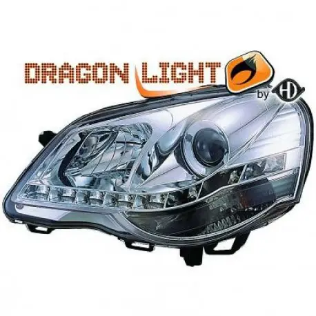 Haute Qualité SET DE DEUX PHARES AVANT DESIGN À LED FOND CHROME POUR TOUTES VW POLO 9N3 (05-09) - H1/H1