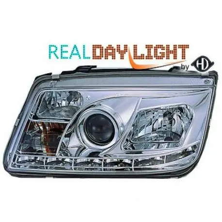 Prix Cassé SET DE DEUX PHARES FOND CHROME À LED POUR VW BORA BERLINE ET BREAK (98-05) - PAS POUR XENON - H1/H1/H3