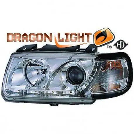 SET DE DEUX PHARES AVANT DESIGN À LED À FOND CHROME POUR TOUTES VW POLO 6N (94-99) AVEC CLIGNOTANT - H1/H1 Achetez Aujourd’hui
