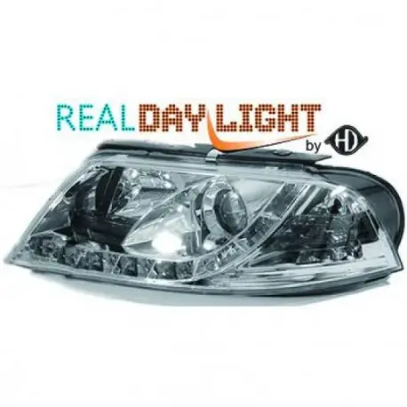 SET DE DEUX PHARES AVANT DESIGN À LED À FOND CHROME POUR TOUTES VW PASSAT 3BG (00-05) SANS XENON D'ORIGINE - MOD1 - FEUX DE JOUR Petit Prix