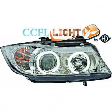 SET DE DEUX PHARES AVANT ANGEL EYES CCFL - FOND CHROME BMW SÉRIE 3 (05-08) E90 - E91 (BERLINE - TOURING) - H1/H1 Prix Choc