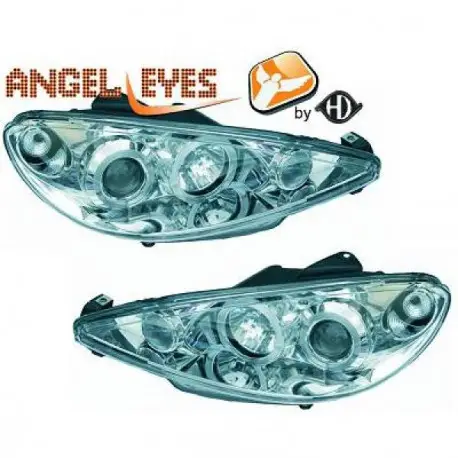 SET DE DEUX PHARES AVANT DESIGN ANGEL EYES PEUGEOT 206 (98-08) - MOD 1 - CHROME - H1&H1 Quantité Limitée