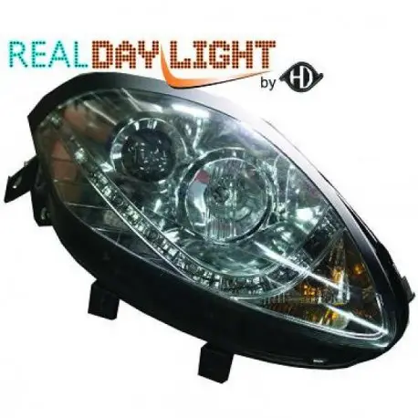SET DE DEUX PHARES AVANT DESIGN FIAT BRAVO (07-13) AVEC CABLAGE FEUX DE JOUR R87 - CHROME - H1&H1 - AVEC REGLAGE HAUTEUR Achat Immédiat
