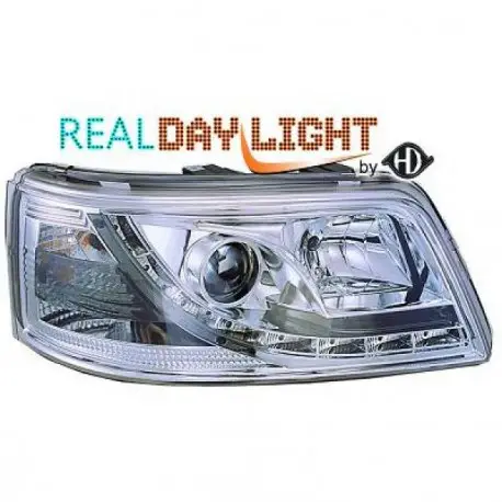SET DE DEUX PHARES AVANT DESIGN À LED FOND CHROME VW T5 - TRANSPORTER - CARAVELLE - MULTIVAN (03-09) SANS XÉNON D'ORIGINE - H1/H Produit De Marque