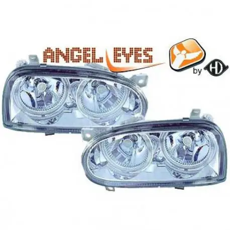 SET DE DEUX PHARES AVANT ANGEL EYES FOND CHROME VW GOLF 3 - III (91-97) H7/H7 Vente Directe