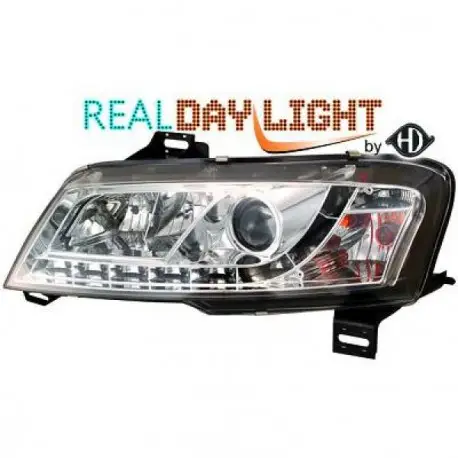 Quantité Limitée SET DE DEUX PHARES AVANT LED DESIGN FIAT STILO 3 PORTES (01-08) - MOD 1 - R87 - CHROME - AVEC REGLAGE HAUTEUR - AVEC FEU ANTIBRO