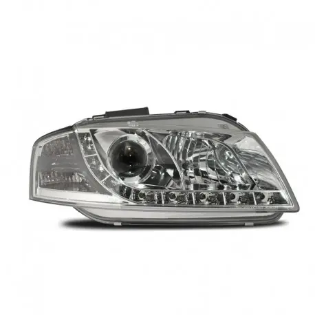 Phares avant, Audi A3 03-08, design feux diurnes, avec clignotants et correcteur de portée lumineuse, face lisse/fond chrome Offre Exclusive