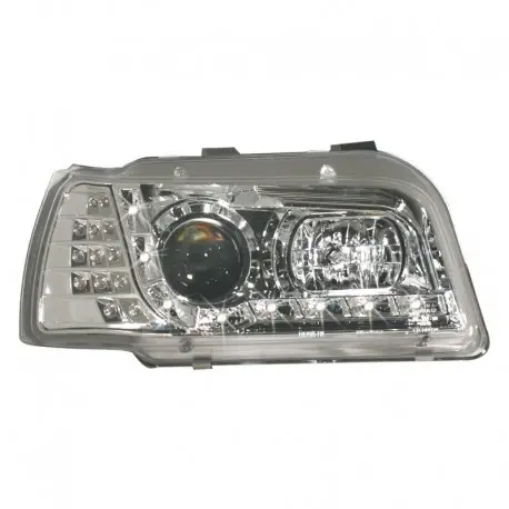 Retour Gratuit Phares avant Renault Clio 92-97, design feux diurnes, clignotants à LED, aspect xénon, verre lisse/fond chrome