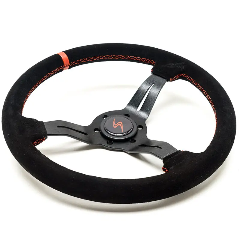 Volant DriftShop Tulipé (50 mm), Cuir Noir Retourné, Branches Noires Paiement Sécurisé