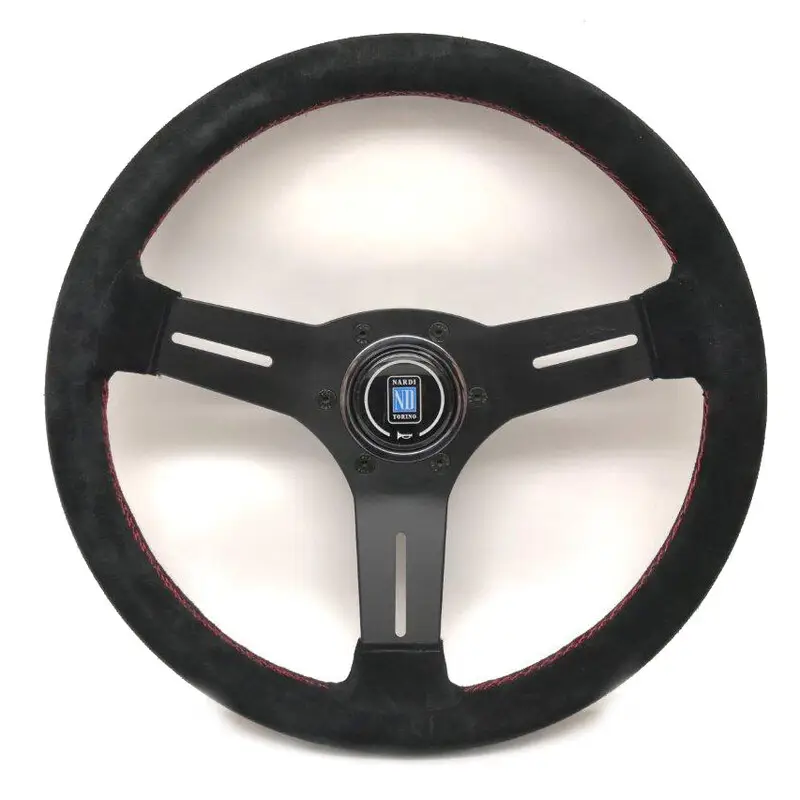Haute Qualité Volant Nardi Competition, Cuir Noir Retourné, Branches Noires, Coutures Rouges, Tulipé 40 mm, Ø33 cm