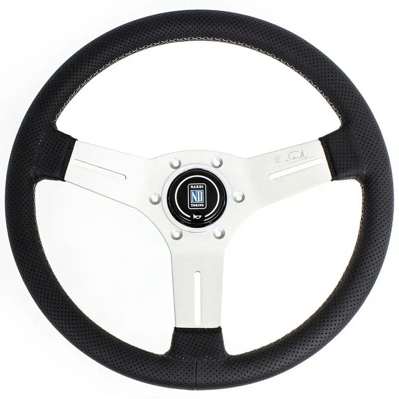 Commander Vite Volant Nardi Competition, Cuir Noir Perforé, Branches Alu, Coutures Grises, Tulipé 40 mm, Ø33 cm