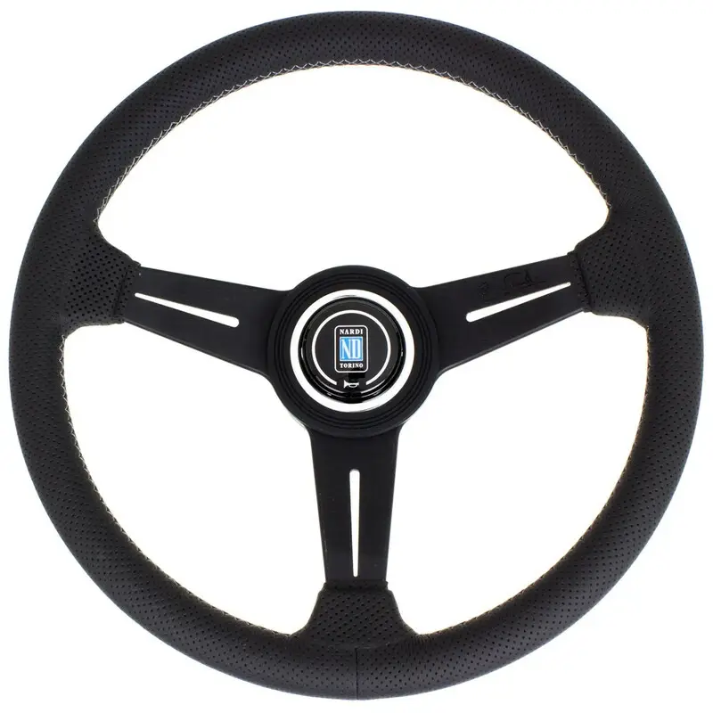 Volant Nardi Classic ND34, Cuir Noir Perforé, Branches Noires, Coutures Grises, Tulipé 40 mm Promotion