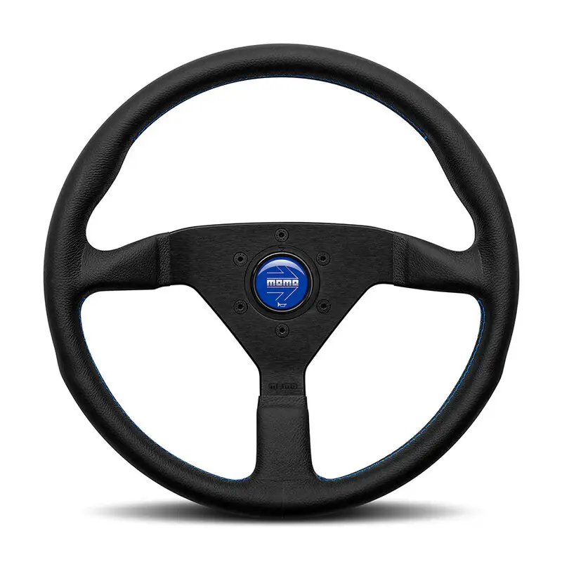 Prix Réduit Volant Momo Montecarlo Tulipé (40 mm), Cuir Noir, Coutures Bleues - 35 cm