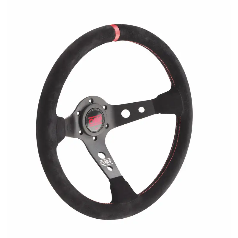 Commande En Gros Volant OMP Corsica Tulipé (95 mm), Cuir Noir Retourné, Branches Noires, Coutures Rouges