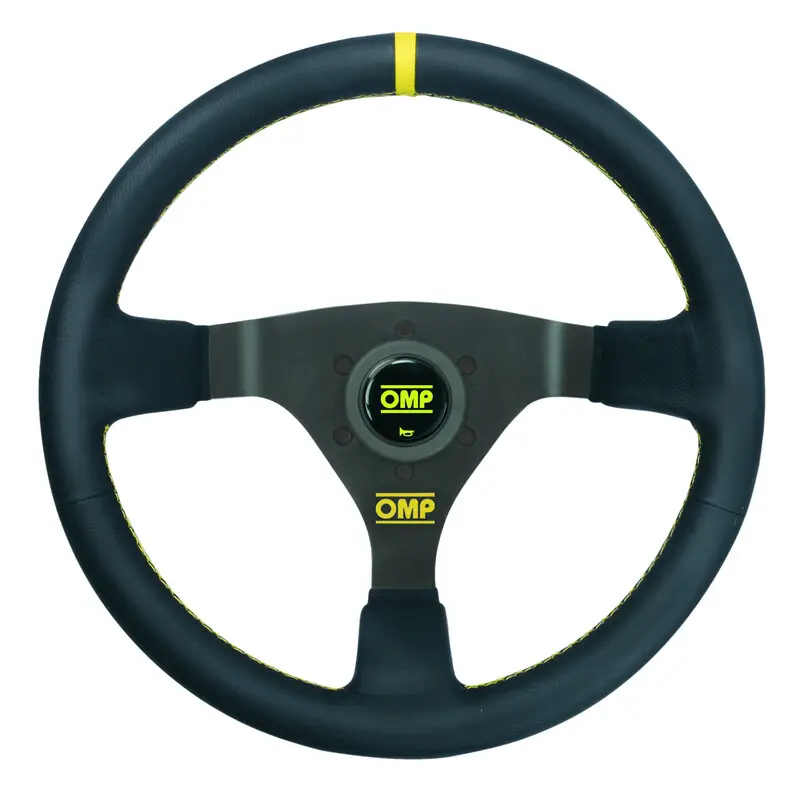 Volant OMP WRC Tulipé (70 mm), Cuir Noir, Branches Noires, Coutures Jaunes Commande En Gros
