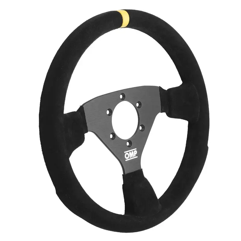 Volant OMP 320 ALU Rally Plat, Cuir Noir Retourné, Branches Noires Remise